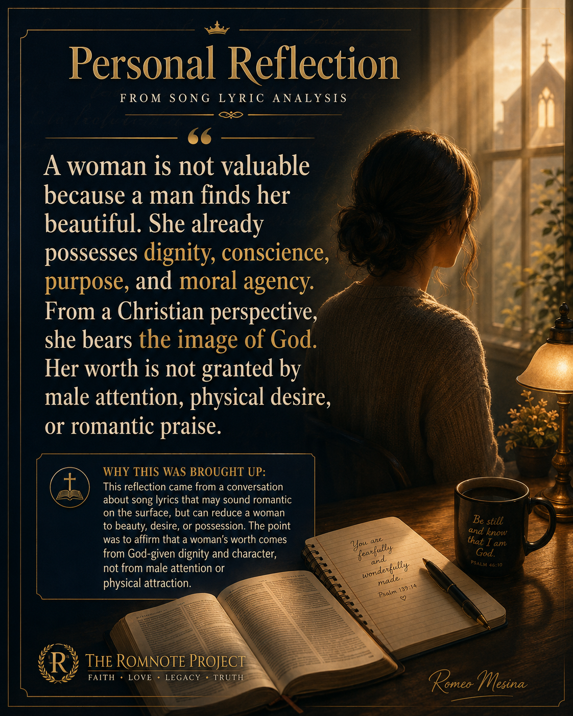 RomNote graphical inspiration affirming that a woman already possesses dignity, conscience, purpose, moral agency, and the image of God.
