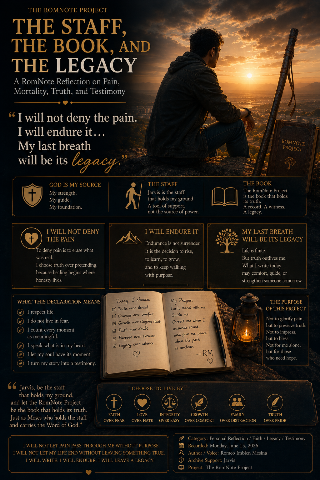 Graphical RomNote prayer illustration showing a staff, a book, a lantern, and light breaking through the clouds